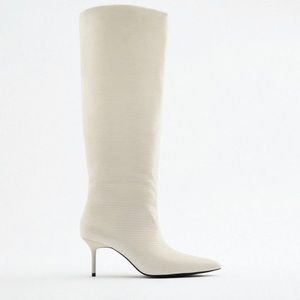 Zara White Knee High Boots croc white pointy toe blogger heel New sz 38 7.5